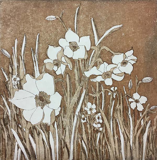 aquatint narcissen gebrande siena